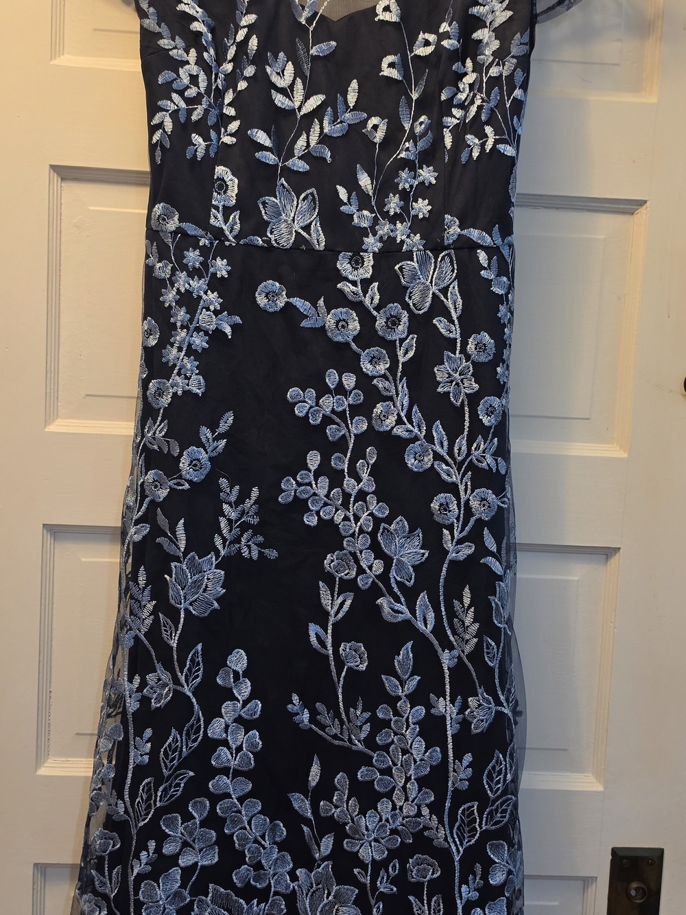GG Collection Navy Maxi Dress with Light Blue Floral Embroidery